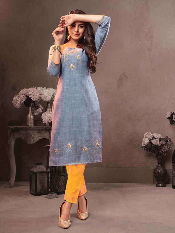 Anokhi Grey Viscose Embroidered Kurti With Fancy Pant  Bhadar