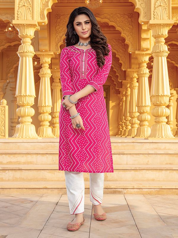 Bandhani Pink Printed Stylish Kurti With Cotton Pant  Bhadar