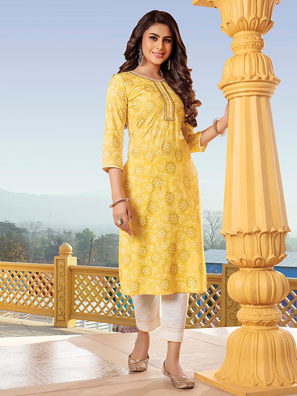 bandhani yellow printed stylish kurti with cotton pant