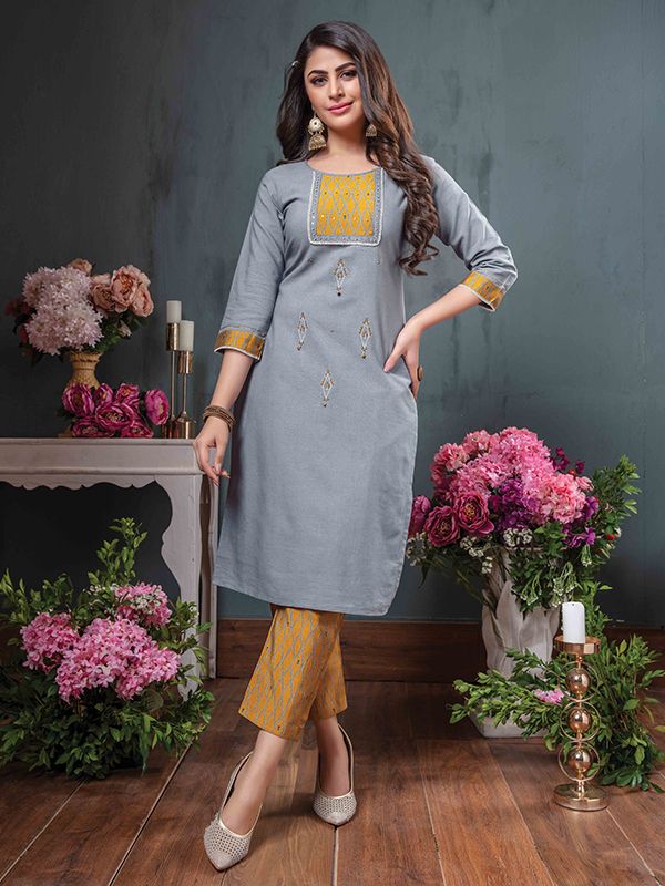 Grey Daily Wear Rayon Embroidered Kurti With Pant | Bhadar