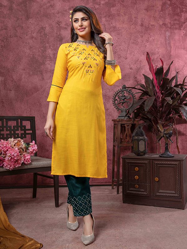 Yellow long kurti with bijiya gotta – Thread & Button