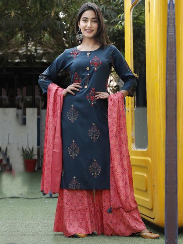 Cotton Candy White and Pink Printed Rayon Kurti with Dupatta and