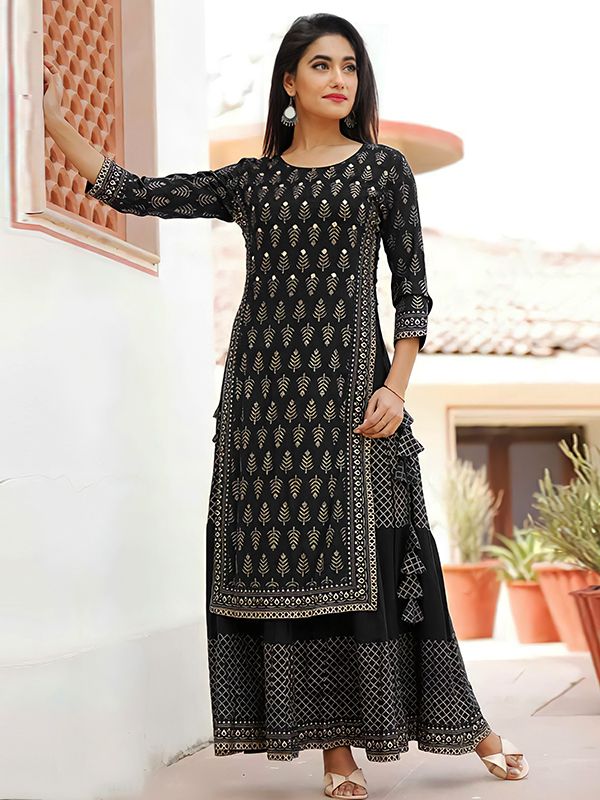 Buy Awesome Black Color Rayon Kurti With Heavy Embroidered Work Plazo Set  For Function Wear VT3051101B Plazo