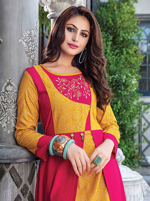 Buy House of Pink Yellow Chanderi Bandhani Kurta Set Online  Aza Fashions