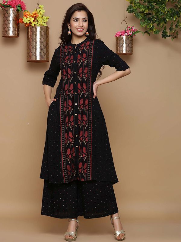 Color Blocked Rayon Kurti with Palazzo in Black and Turquoise : TVE810