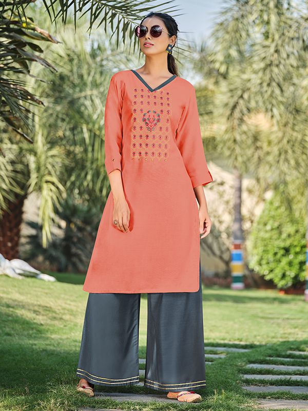 feminine peach rayon embroidered kurti with stylish palazzo