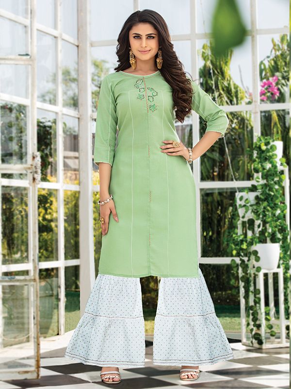 Majesty Light Green Embroidered Kurta With Fancy Sharara | Bhadar