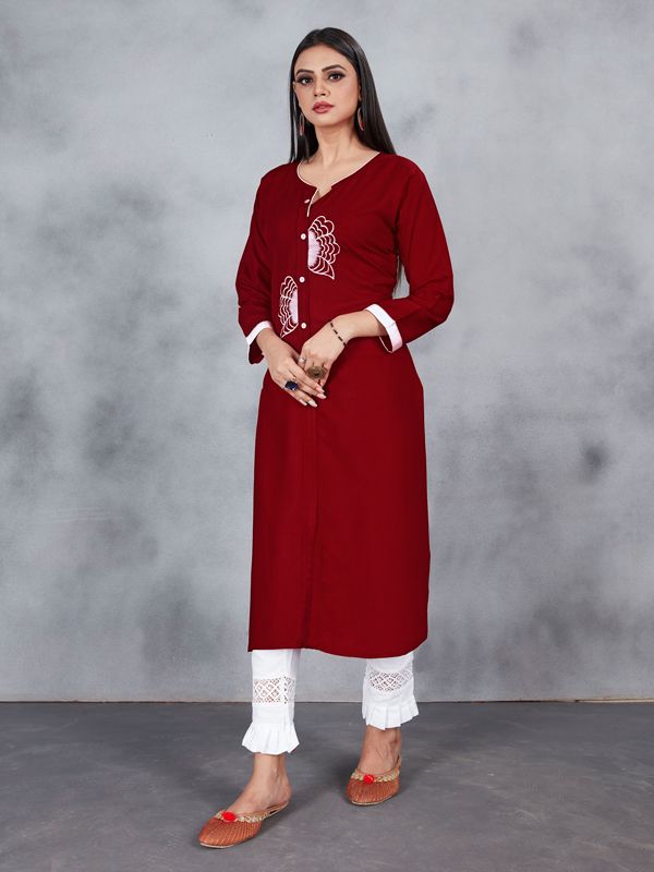 Ada Hand Embroidered Maroon Cotton Lucknowi Chikan Women Short Kurti -  A250481 - Ada - 3622277