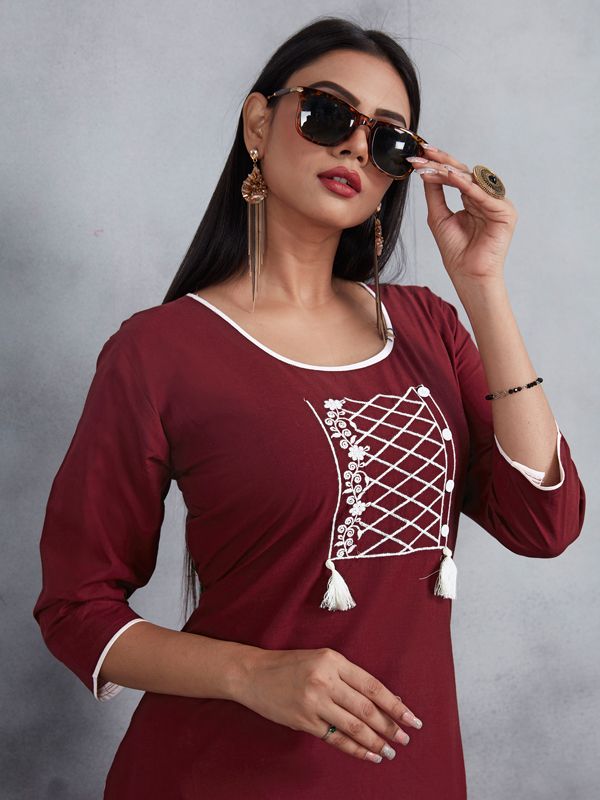 Maroon Embroidered Straight Floral Cotton Kurti – Pop the Label