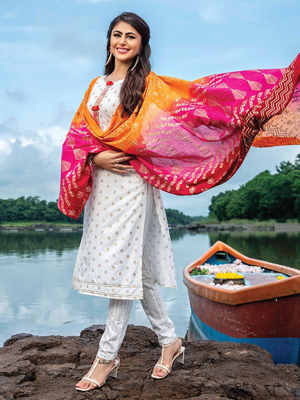 Twara white mirror embroidered sleeveless cotton umbrella kurti with  intricately printed & embroidered long shrug