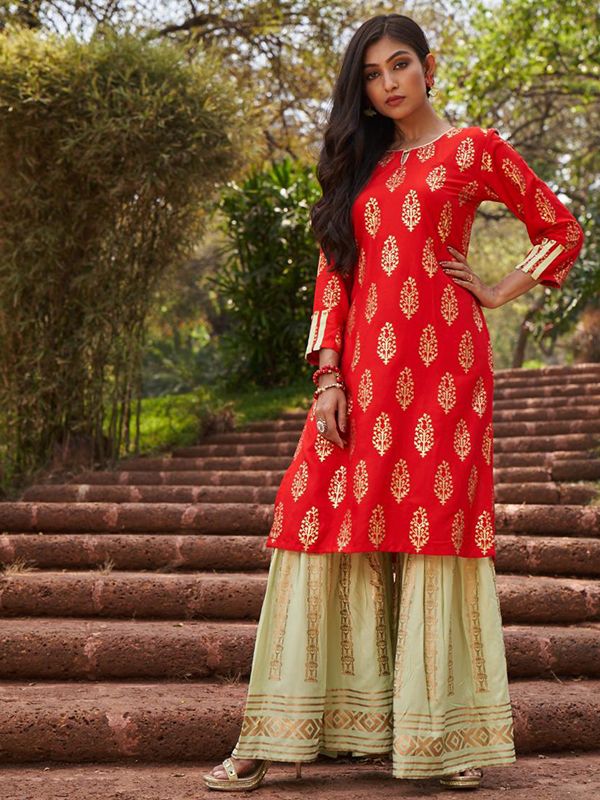 Kashmiri Red Golden Cotton Kurti (3Pc Suit) – Kashmiriyat