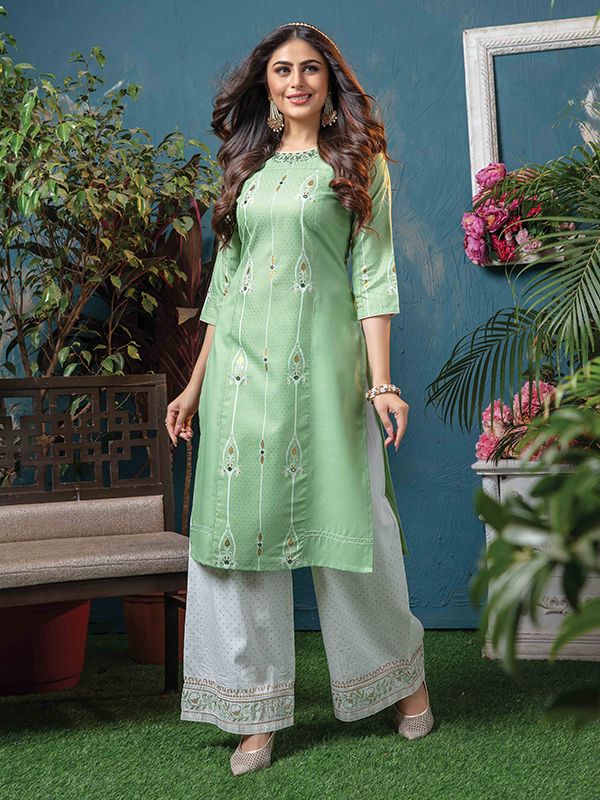 Light green kurti with beautiful adda work and sharara - Kurti Fashion