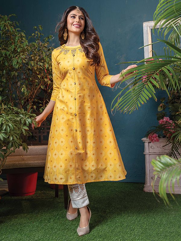 Sizzle Yellow Cotton Printed Kurti With Pant | Bhadar