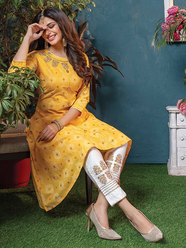 Anouk - By Myntra Kurti Set For Women Indian Style Scoop Neck Mustard Yellow  Empire Solid Pure Cotton Calf Length Kurta with Palazzos Kurti Set Party  Wear - Walmart.com