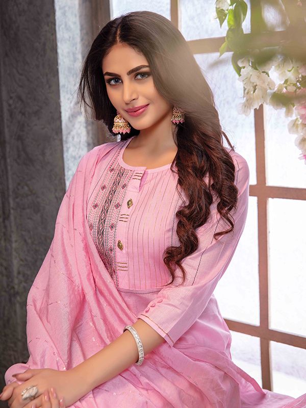 Buy Good Looking White Baby Pink Georgette With Ready Flower Embroidered  Plazo Fancy Kurti Design Online For Women MINIAB160A