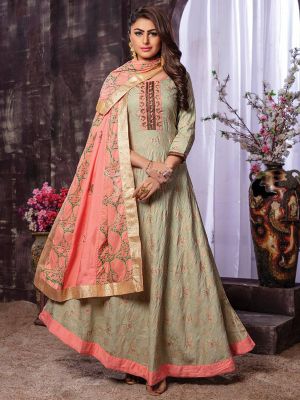 Ahista Pista Rayon Embroidered Gown Kurti With Light Pink Dupatta