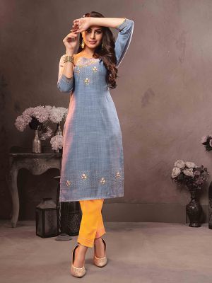 Anokhi Grey Viscose Embroidered Kurti With Fancy Pant