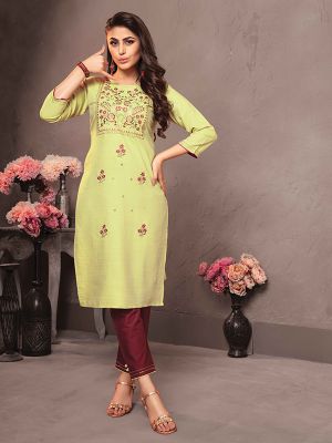 Anokhi Light Pista Viscose Embroidered Kurti With Fancy Pant