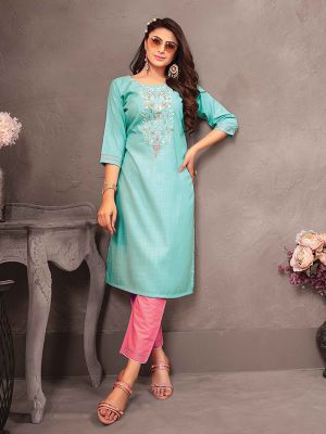 Anokhi Sky Blue Viscose Embroidered Kurti With Fancy Pant