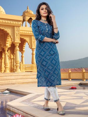 Bandhani Blue Printed Stylish Kurti With Cotton Pant