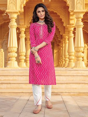 Bandhani Pink Printed Stylish Kurti With Cotton Pant