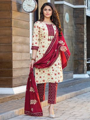 Cotton Candy Beige Printed Cotton Kurti with Dupatta and Pant Set