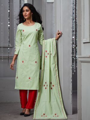 Crystal Pista Embroidered Kurti with Dupatta and Pant Set