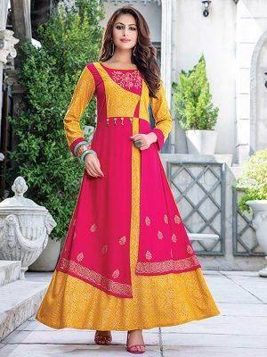 Fancy Yellow and Pink Rayon Embroidered Kurti