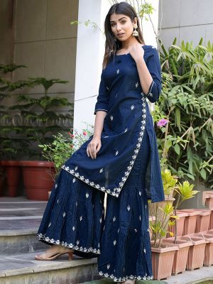 Fashion Blue Cotton Embroidered Kurti With Stylish Sharara