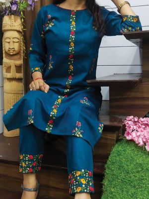 Fashion Blue Printed & Embroidered Cotton Kurta With Pant