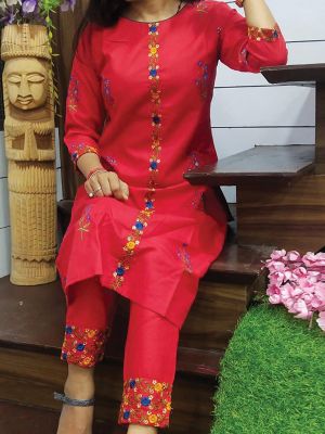 Fashion Red Printed & Embroidered Cotton Kurta With Pant