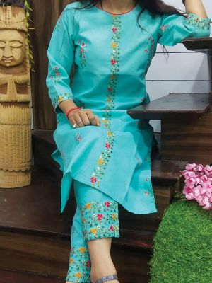 Fashion Sky Blue Printed & Embroidered Cotton Kurta With Pant