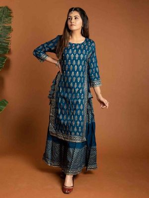 Fashion Stylish Blue Cotton Printed Kurti With Fancy Skirt