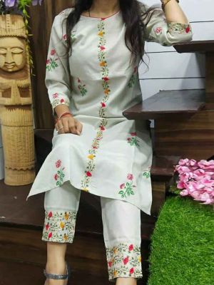 Fashion WhitePrinted & Embroidered Cotton Kurta With Pant