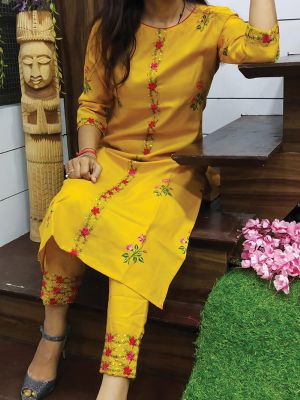 Fashion Yellow Printed & Embroidered Cotton Kurta With Pant