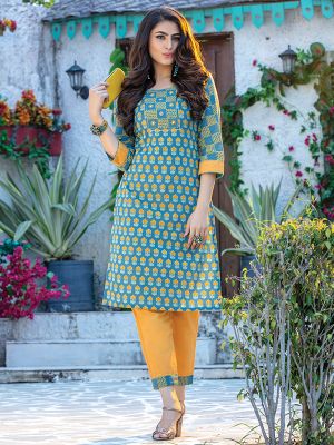 Fitoor Light Blue Rayon Printed  Kurti with Fancy Pant