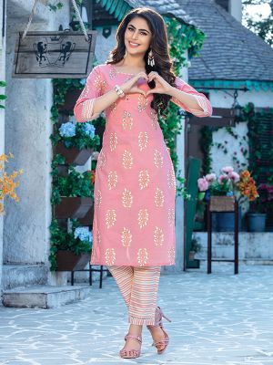 Fitoor Light Pink Cotton Kurti with Multicolour Pant