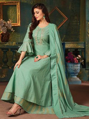 Ghoomar Pista Green Cotton Printed Gown Kurti With Dupatta
