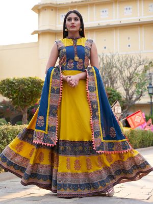 Ghoomar Yellow Cotton Printed Gown Kurti With Blue Dupatta