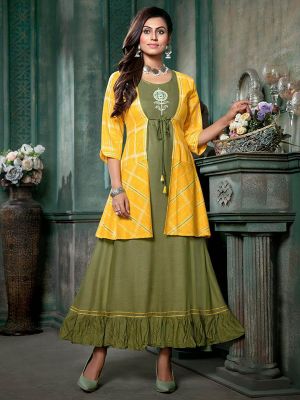 Green Cotton Printed Kurti with Fancy Yellow Jacket