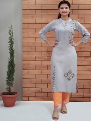 Grey Daily Wear Rayon Embroidered Kurti With Pant