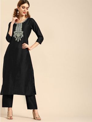 Magenta Black Embroidered Kurta with Trousers