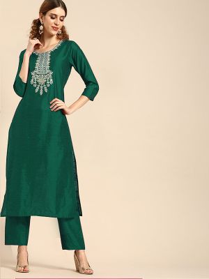 Magenta Green Embroidered Kurta with Trousers