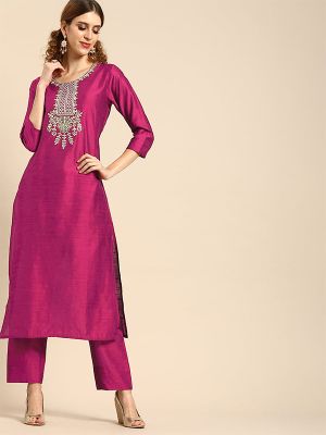 Magenta Pink Embroidered Kurta with Trousers