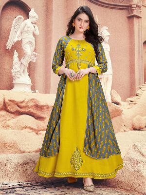 Nexap Musterd Yellow Rayon Printed Kurti With Attached Jacket