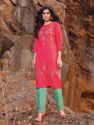 Ogaan Pink Rayon Embroidered Kurti With Pant