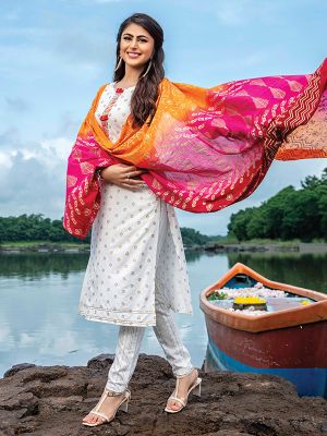 Paredise White Rayon Printed Kurti With Pant and Multicolor Dupatta