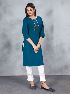 Rama Blue Designer Embroidery Premium Cotton Kurti