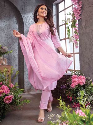 Summer Queen Baby Pink Embroidered Cotton Stylish Kurti with Dupatta and Pant Set