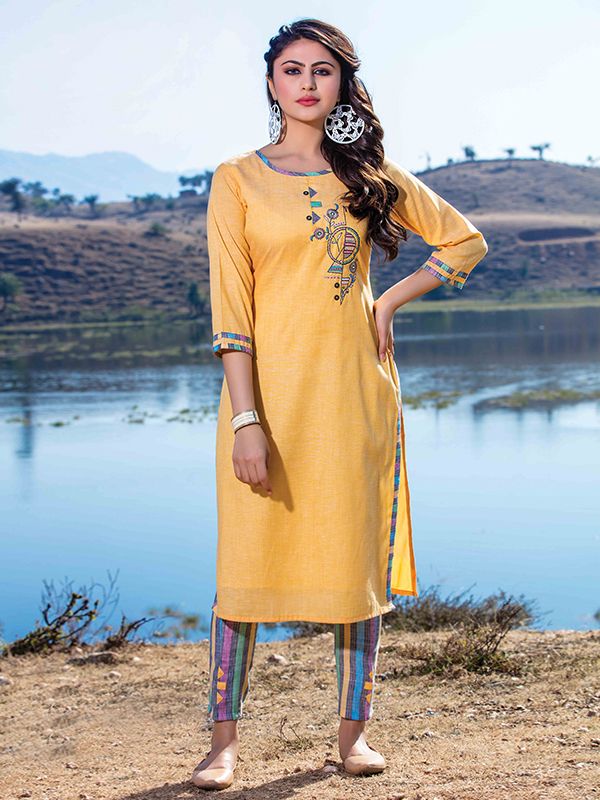 Buy Dolly Women's Jaipuri Rajasthani Solid Cotton Kurti Knee Length  Straight 3/4 Sleeve Mandarin Collar Light Yellow Kurti | DC 48-XXL at  Amazon.in